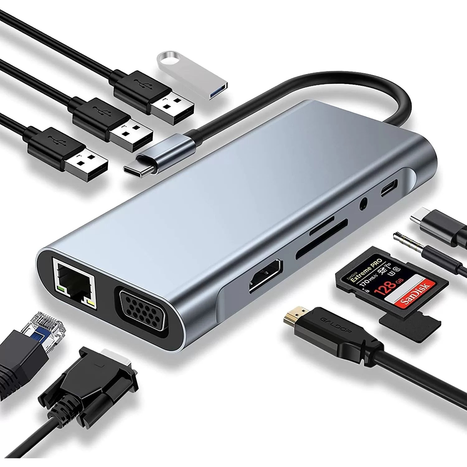 CONVERTER 11 IN 1 TYPE C TO HDTV  SD CARD + USB*4 + AUDIO + HDTV + VGA + LAN